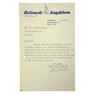 Original WWII Dutch Nationale Jeugdstorm document from Schuilenburg regarding flyers …