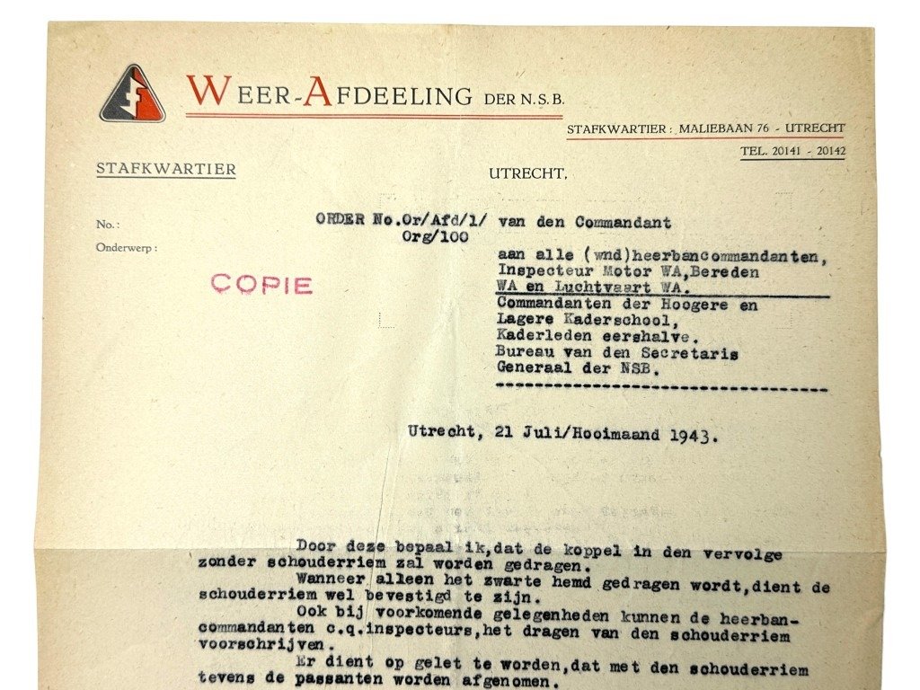 Original WWII Dutch NSB W.A. letter from Zondervan about wearing the NSB shoulder strap — image 2