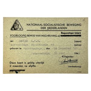 Original WWII Dutch NSB provisional certificate of registration card