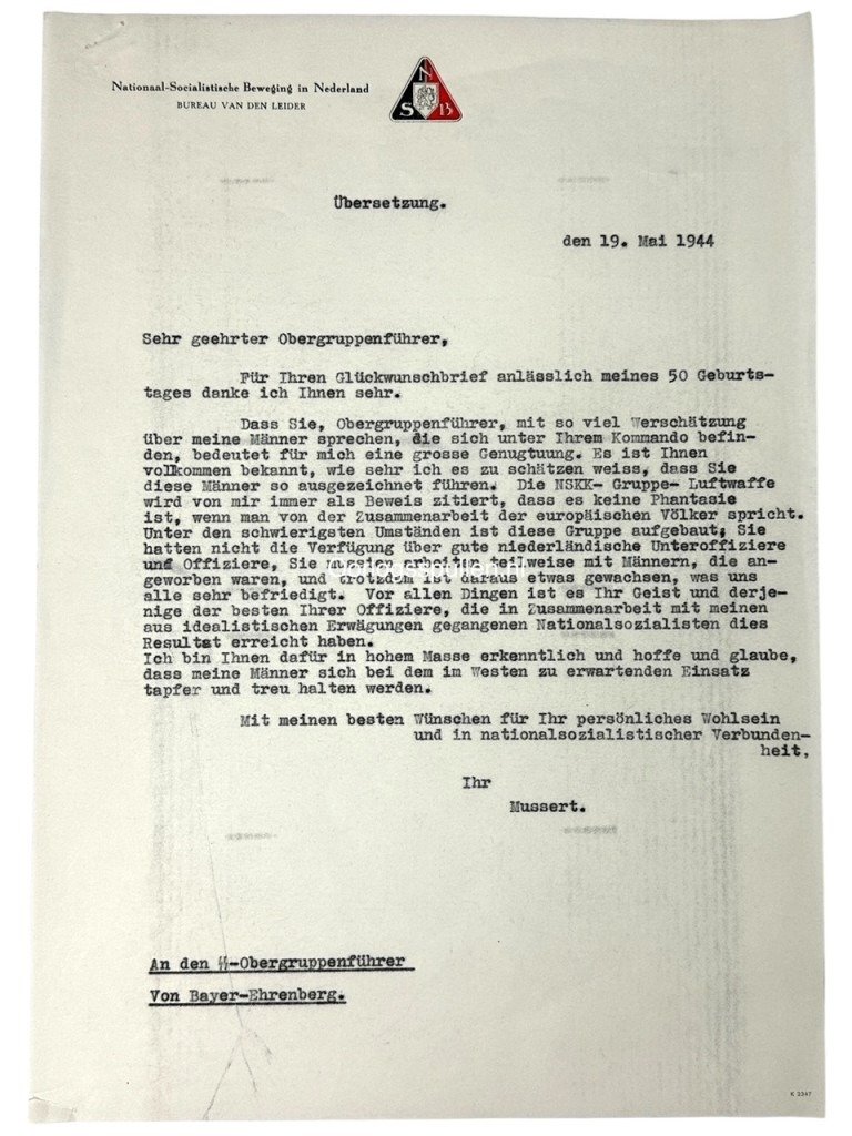 Original WWII Dutch NSB letters from Anton Mussert to SS-Obergruppenführer Von Bayer-Ehrenberg — image 2