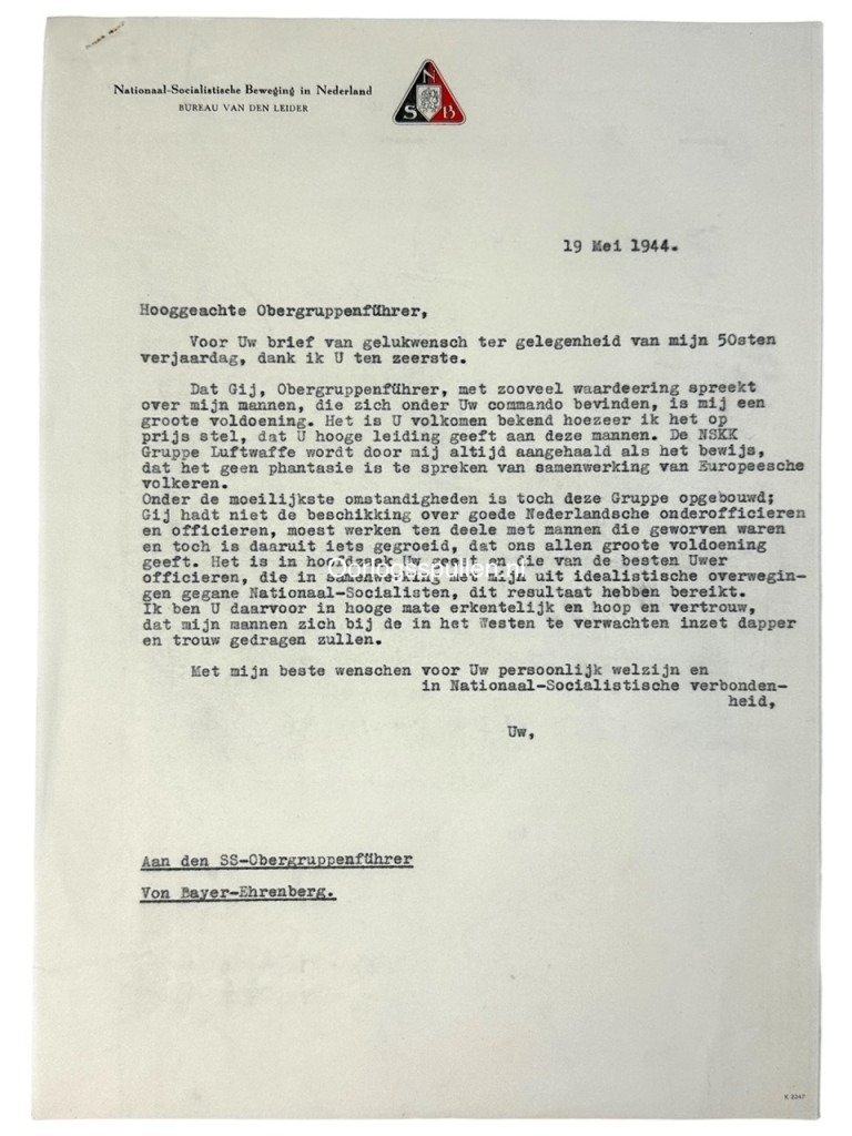 Original WWII Dutch NSB letters from Anton Mussert to SS-Obergruppenführer Von Bayer-Ehrenberg — image 3