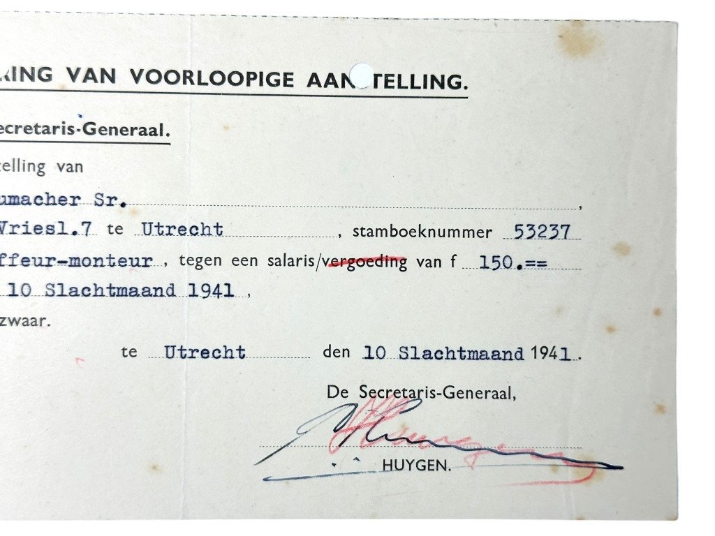 Original WWII Dutch NSB 'Approval of Provisional Appointment' document signed by Secretary General Huygen — image 2