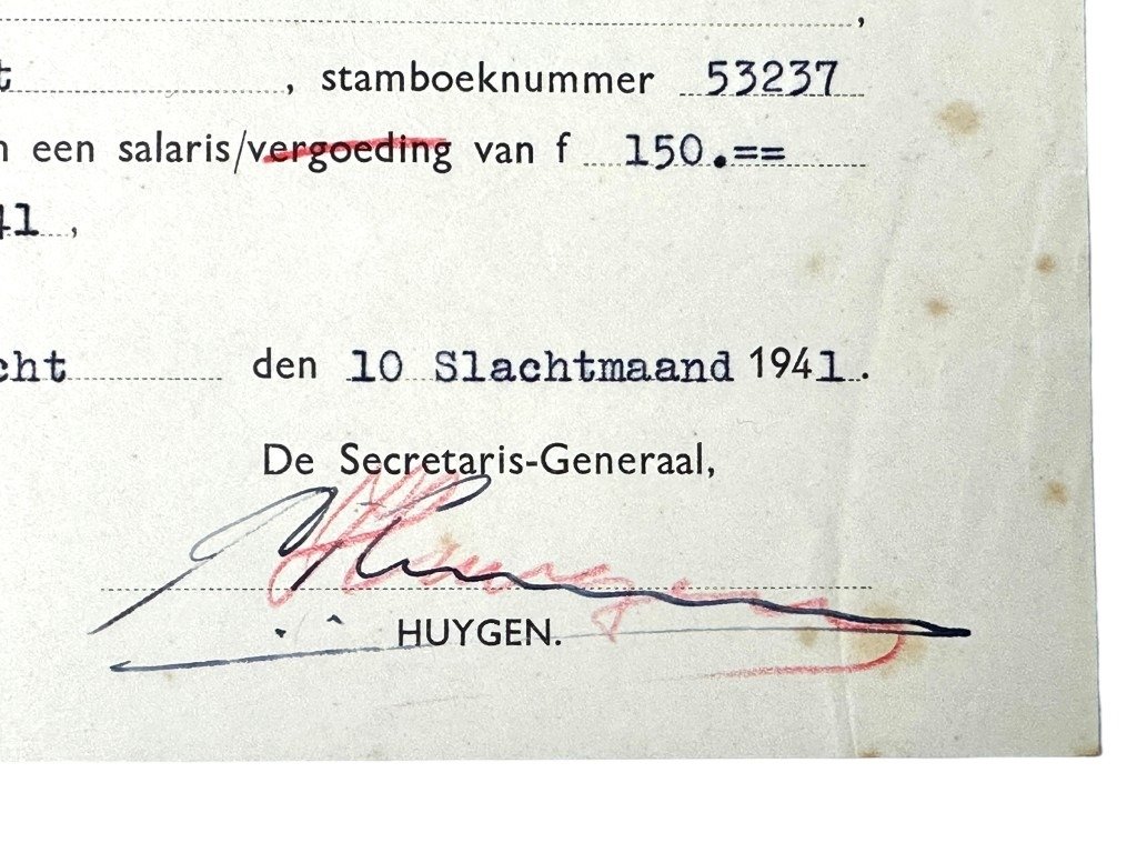 Original WWII Dutch NSB 'Approval of Provisional Appointment' document signed by Secretary General Huygen — image 3
