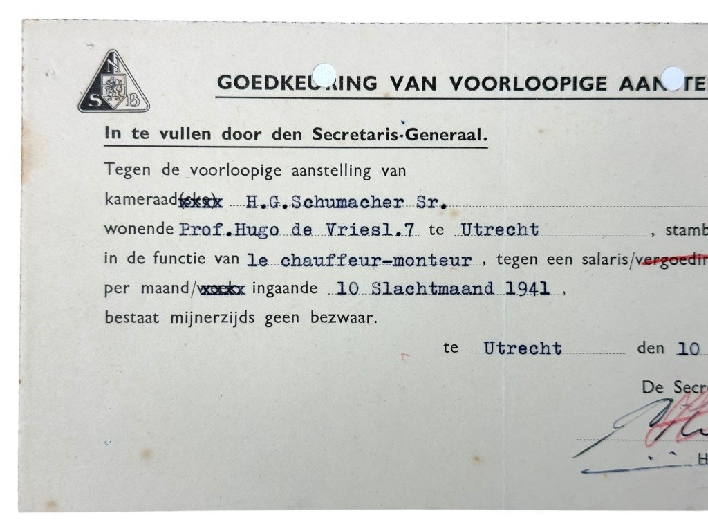 Original WWII Dutch NSB 'Approval of Provisional Appointment' document signed by Secretary General Huygen — image 4