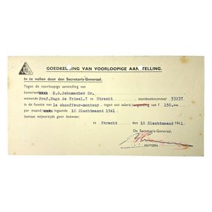 Original WWII Dutch NSB 'Approval of Provisional Appointment' document signed …