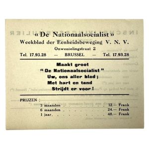 Original WWII Flemish VNV collaboration registration form for the newspaper …