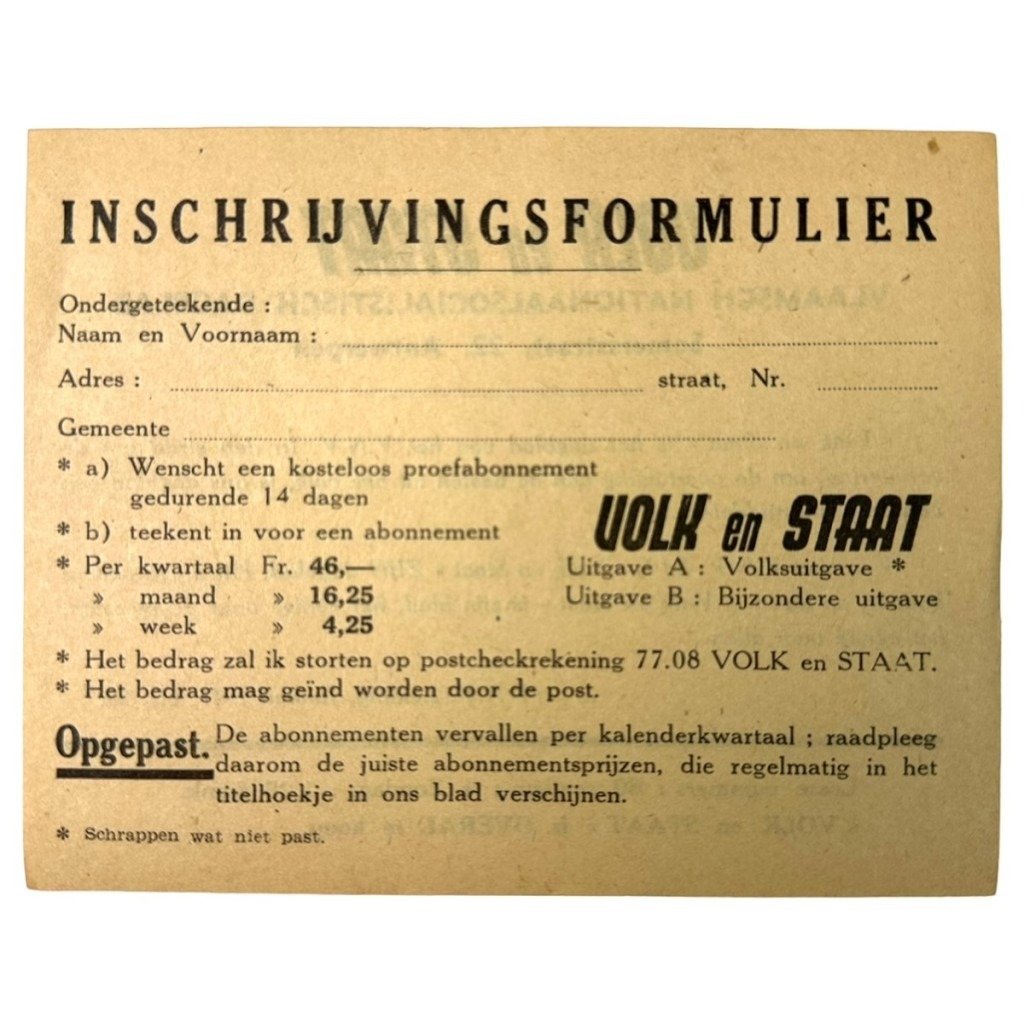 Original WWII Flemish VNV collaboration registration form for the newspaper 'Volk en Staat' — image 2