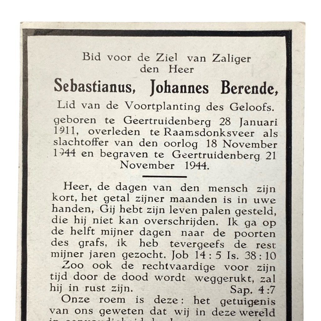 Original WWII Dutch death card Raamsdonksveer 1944 — image 2