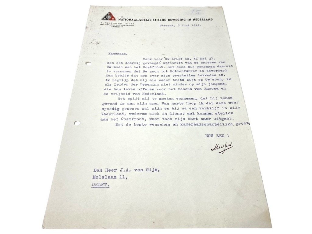 Original WWII Dutch NSB Anton Mussert letter send to the father of a Dutch SS volunteer in Delft — image 2