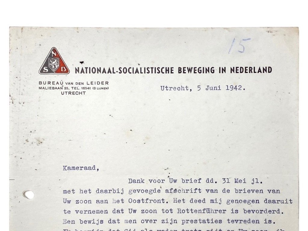 Original WWII Dutch NSB Anton Mussert letter send to the father of a Dutch SS volunteer in Delft — image 3