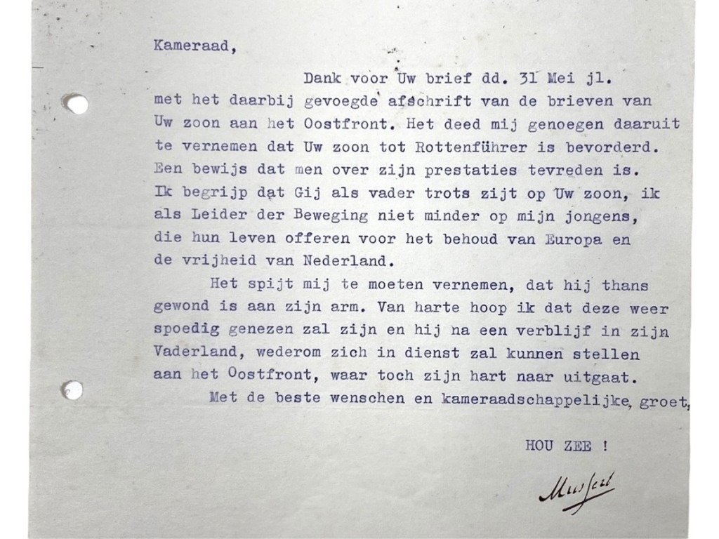 Original WWII Dutch NSB Anton Mussert letter send to the father of a Dutch SS volunteer in Delft — image 5