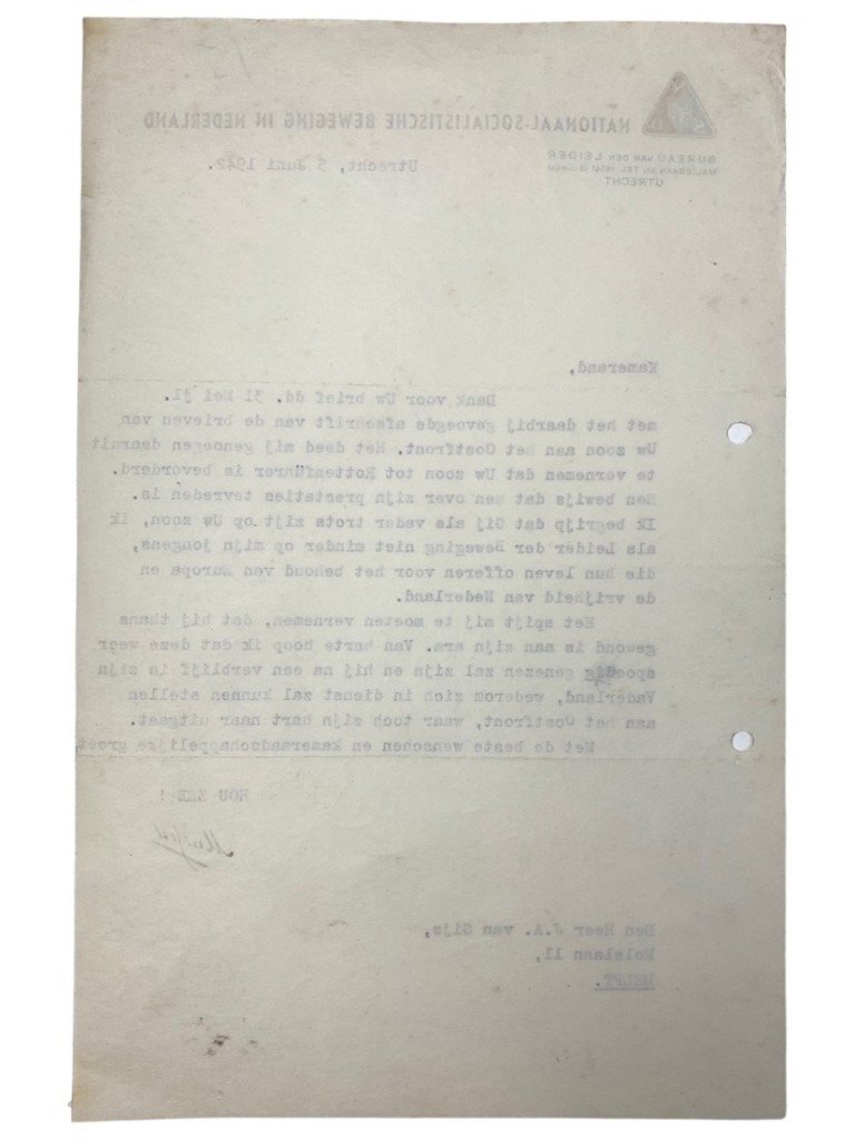 Original WWII Dutch NSB Anton Mussert letter send to the father of a Dutch SS volunteer in Delft — image 7