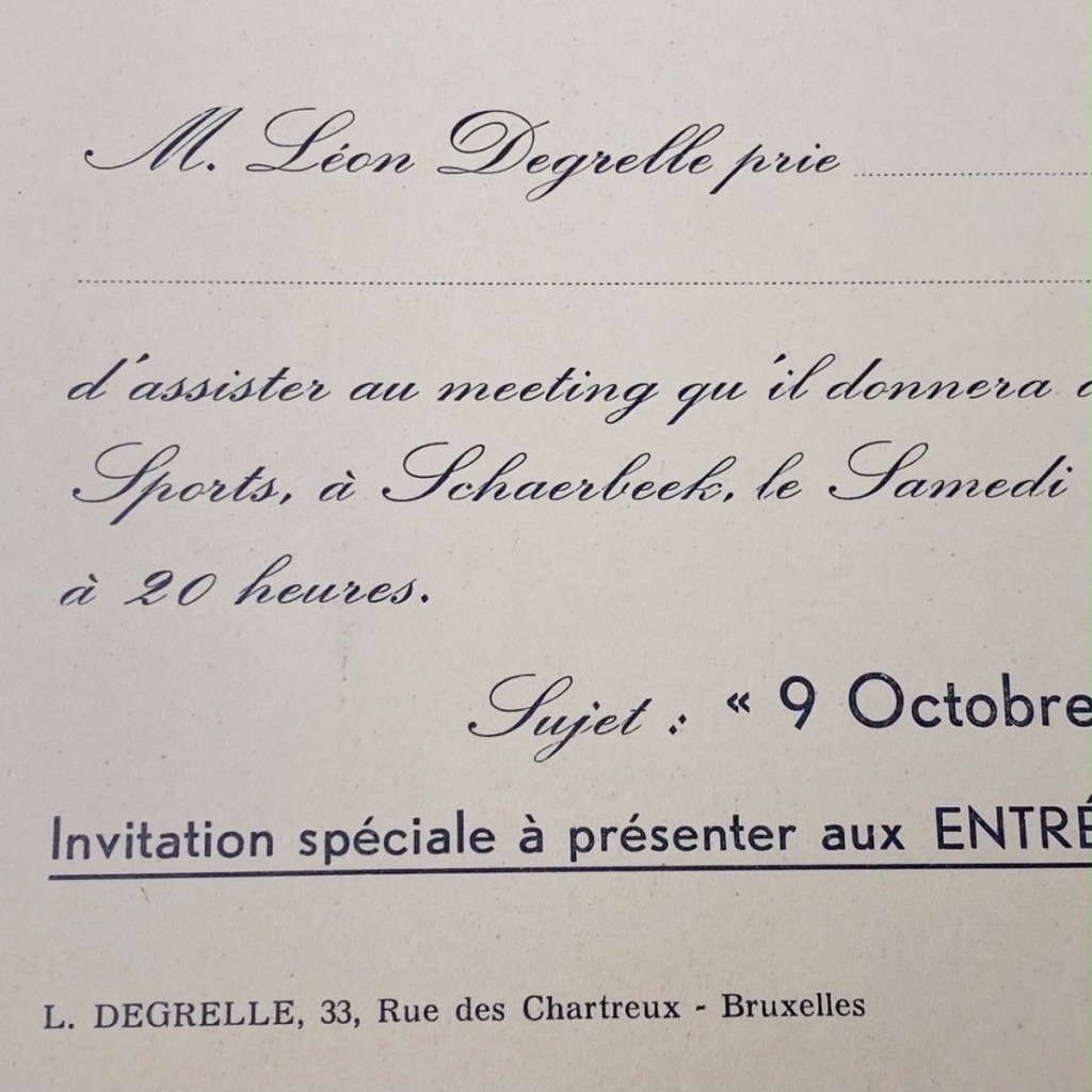 Original WWII Walloon REX Leon Degrelle invitation card for meeting in Schaerbeek — image 2