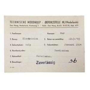 Original WWII Dutch Technische Noodhulp ID card 'Doetinchem'