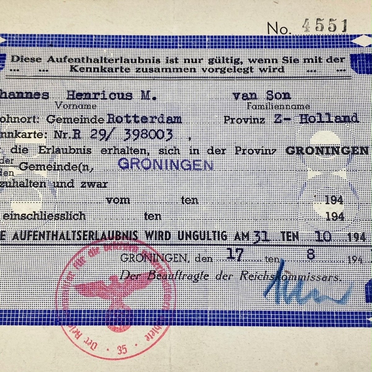 Original WWII German residence permit for Groningen 1943 — image 2