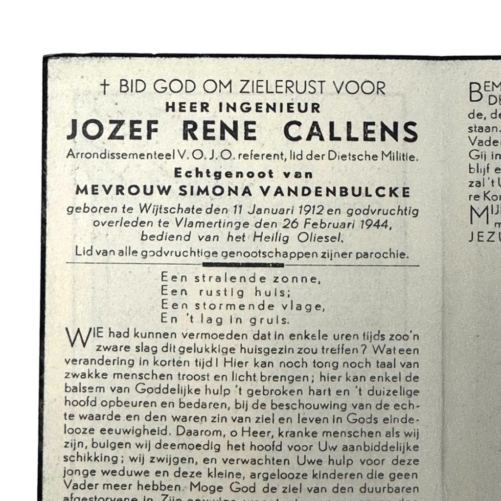 Original WWII Flemish collaboration 'Dietsche Militie' death card — image 2