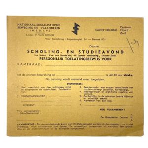 Original WWII Flemish 'Nationaal-Socialistische Beweging in Vlaanderen' admission card