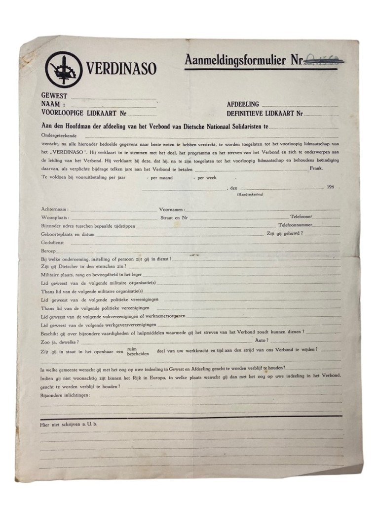 Original WWII Flemish 'Verdinaso' set of three registration forms — image 2