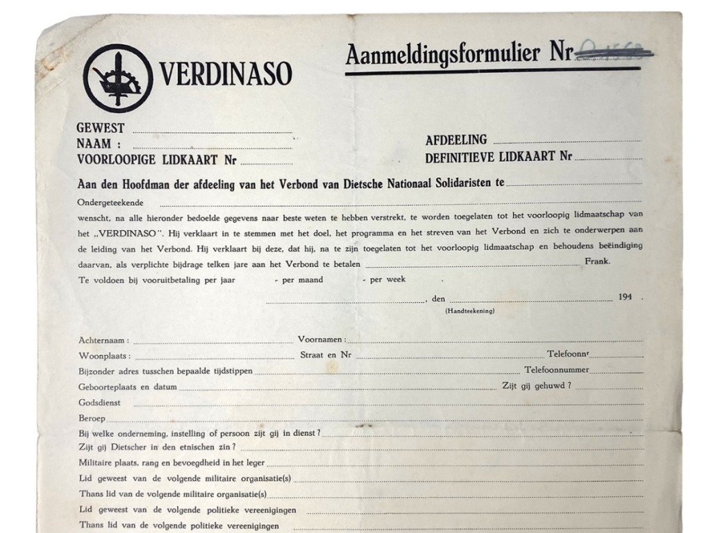 Original WWII Flemish 'Verdinaso' set of three registration forms — image 3