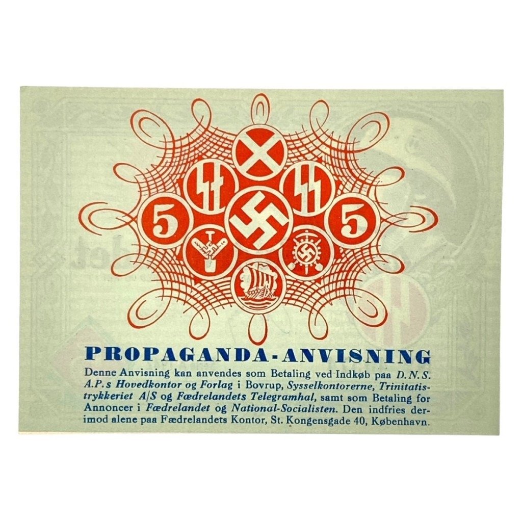 Original WWII Danish DNSAP propaganda note of 5 Kroners — image 5