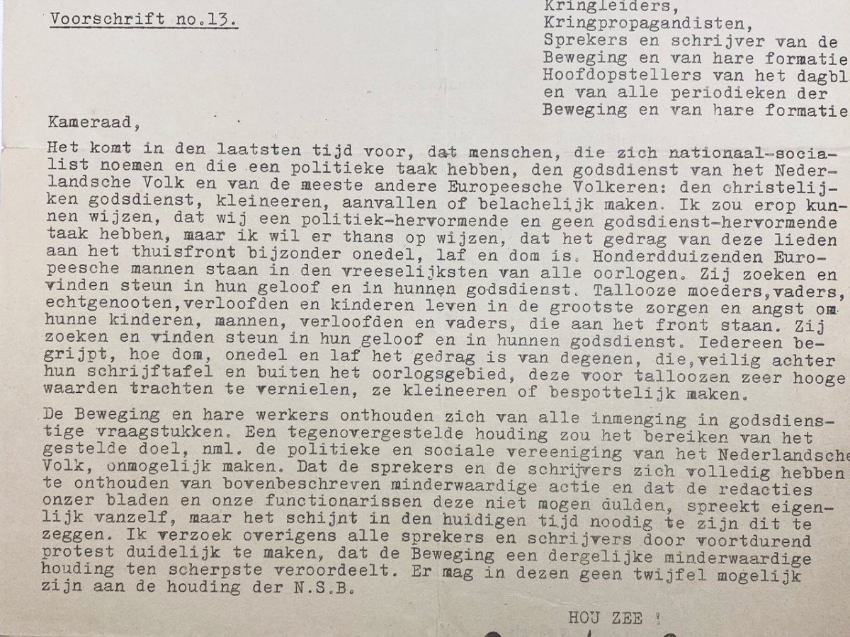 Original WWII Dutch NSB letter Ernst Voorhoeve – NSB & religion — image 2