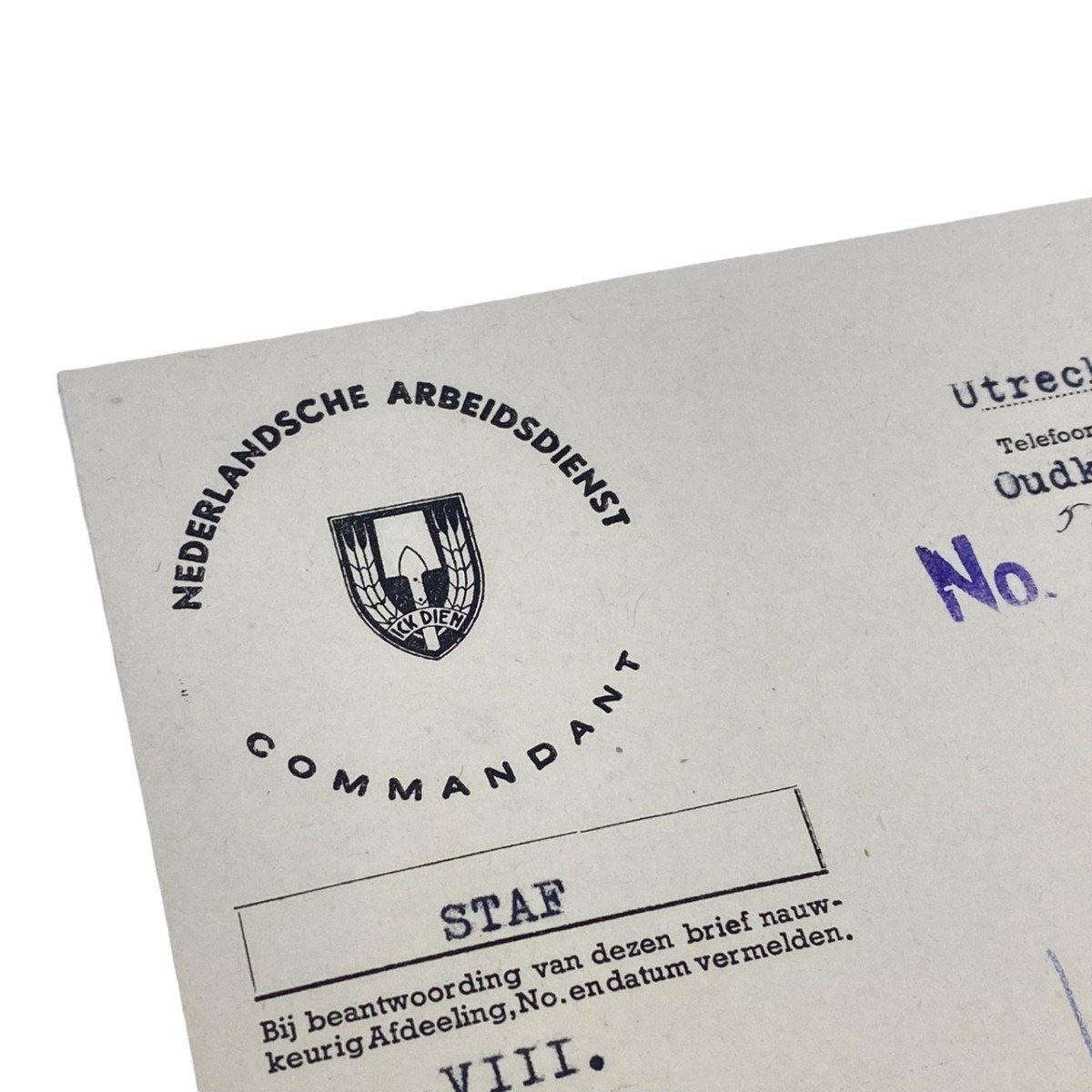 Original WWII Nederlandse Arbeidsdienst document Doorn/Utrecht — image 2