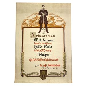 Original WWII Nederlandsche Arbeidsdienst oorkonde N.A.D. kamp Sellingen (Groningen)