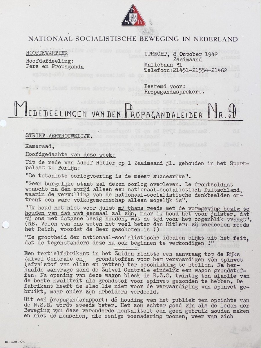 Original WWII Dutch NSB document 'Announcements from the Propaganda leader' — image 2