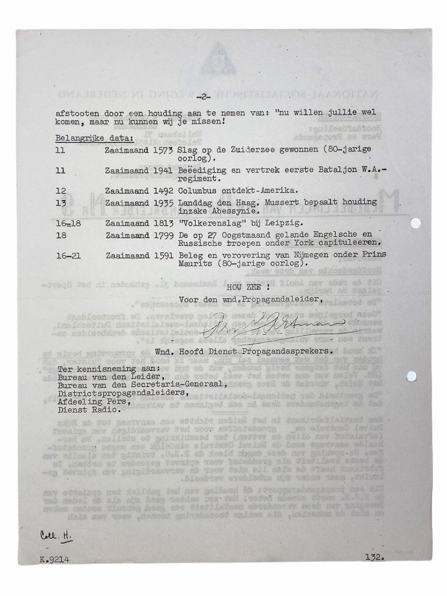 Original WWII Dutch NSB document 'Announcements from the Propaganda leader' — image 3