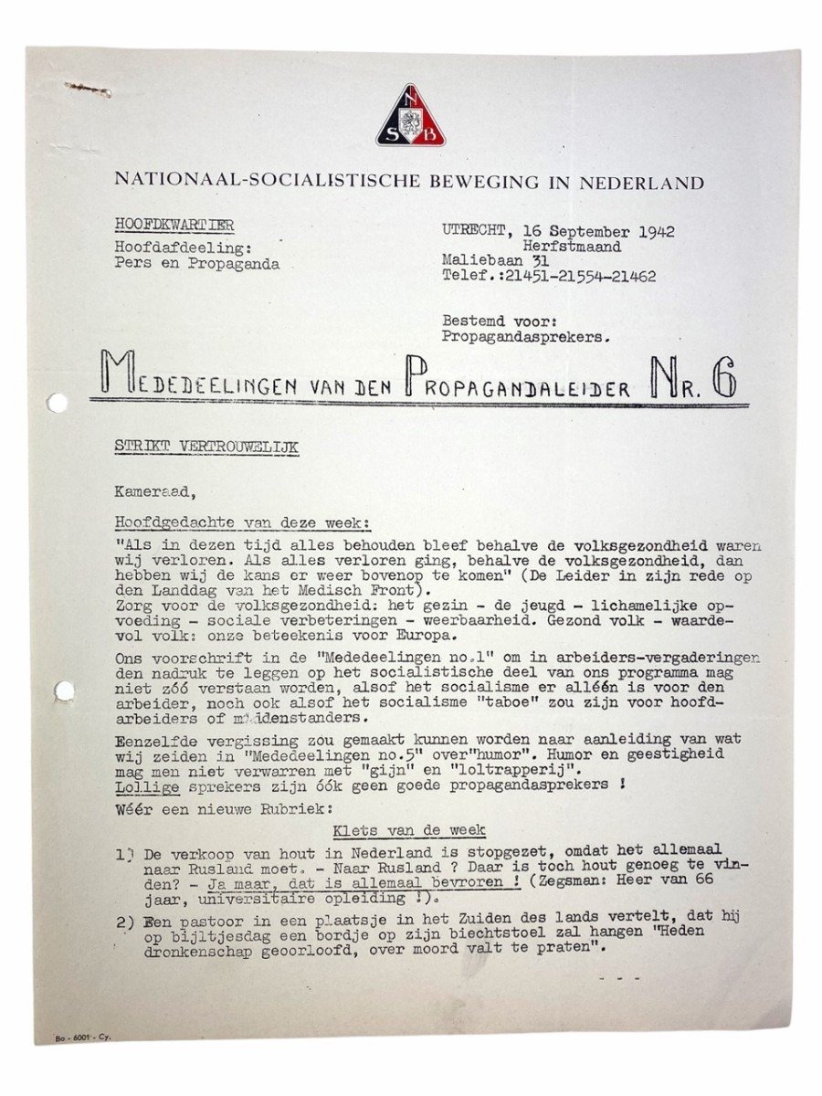 Original WWII Dutch NSB document 'Announcements from the Propaganda leader' — image 2