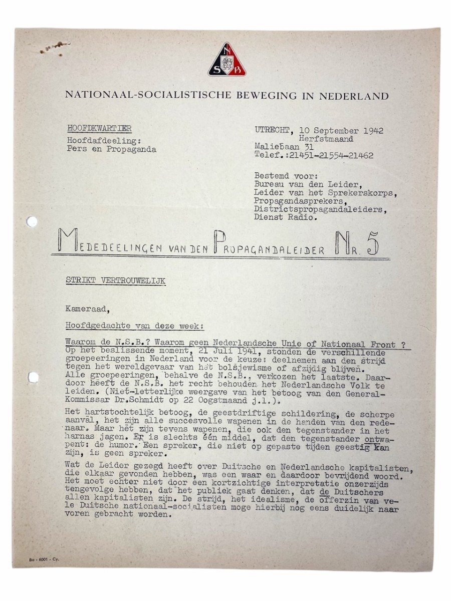 Original WWII Dutch NSB document 'Announcements from the Propaganda leader' — image 2