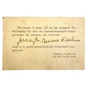 Original WWII Dutch Red Cross POW confirmation card