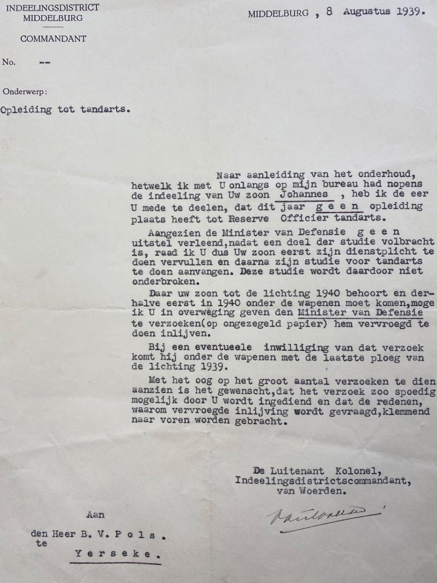 Original Pré 1940 Dutch army document Dentist training – Yerseke/Woerden — image 3