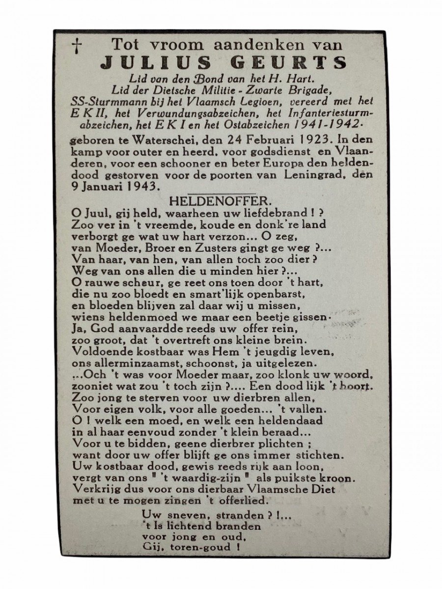 Original WWII Flemish Waffen-SS death card – Julius Geurts — image 3