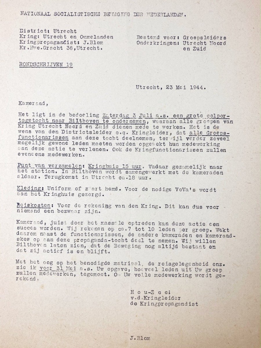 Original WWII Dutch NSB document – Peddling tour to Bilthoven — image 2