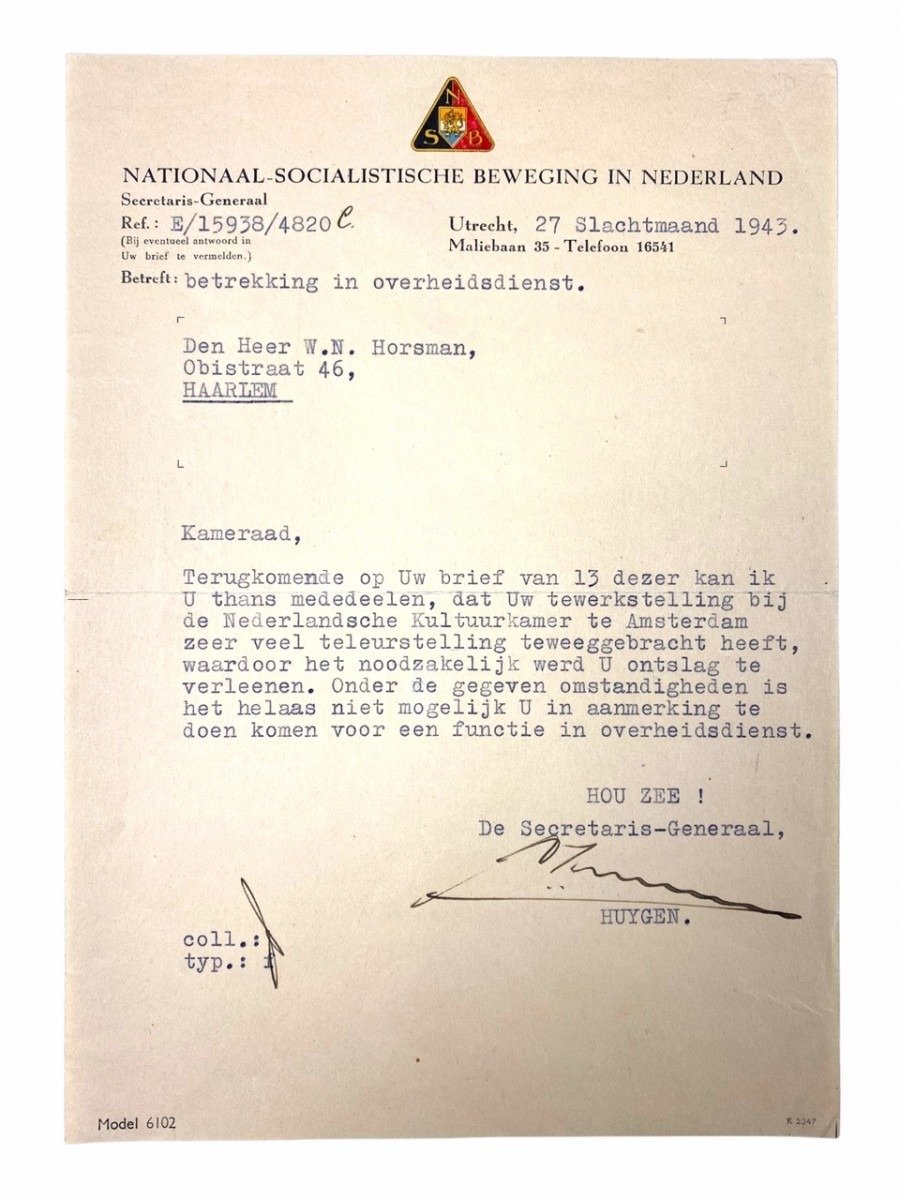 Original WWII Dutch NSB photo and hand signed letter Carolus Huygen — image 3