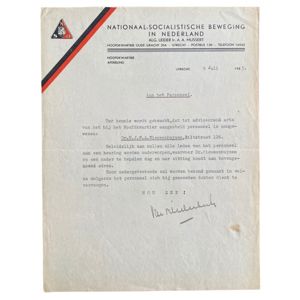 Original WWII Dutch NSB headquarters document signed by Bilderbeek