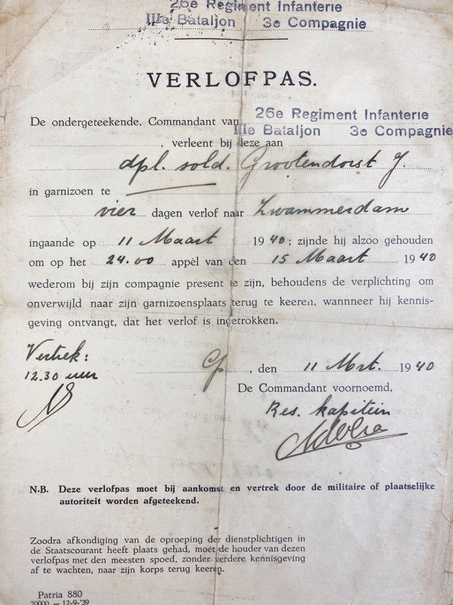 Original Pré 1940 Dutch army leave pass 26 R.I. Zwammerdam — image 2