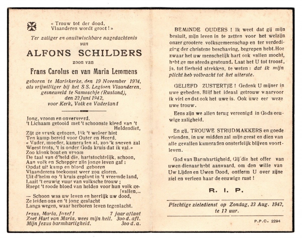 Original WWII Flemish Waffen-SS volunteer legion Alfons Schilders death card — image 3