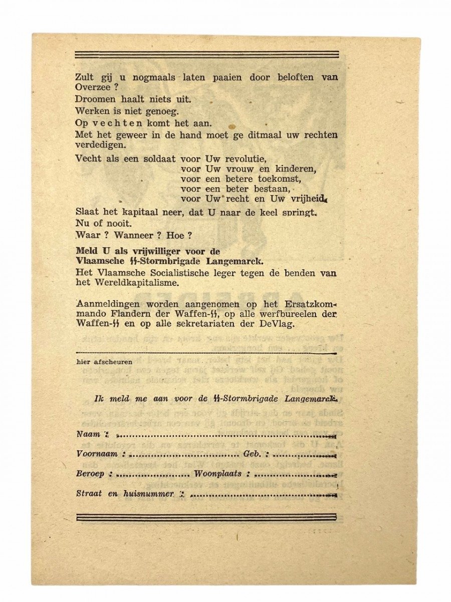 Original WWII Flemish SS-Sturmbrigade Langemarck recruitment flyer — image 3