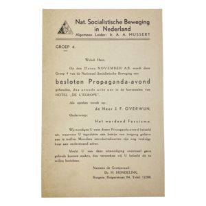 Original WWII Dutch NSB flyer – Propaganda evening in Amsterdam