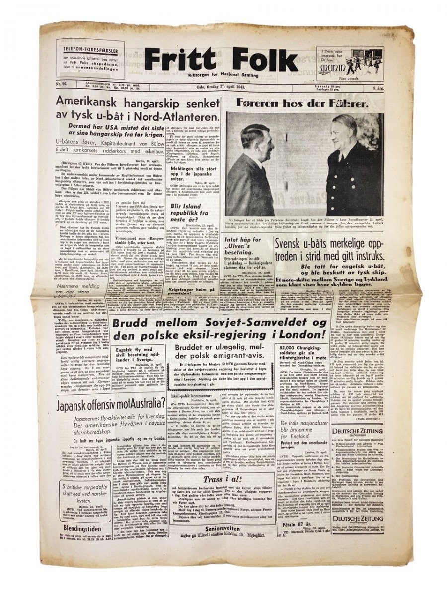 Original WWII Norwegian collaboration Nasjonal Samling newspaper – Fritt Folk — image 3