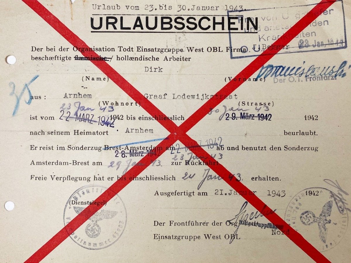 Original WWII Dutch Org. Todt volunteer Urlaubsschein from Arnhem — image 2