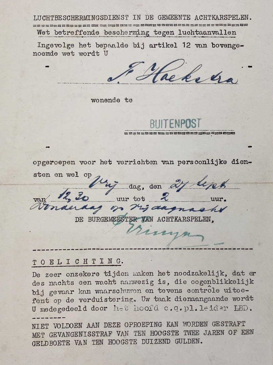 Original WWII Dutch 'Luchtbeschermingsdienst' document Achtkarspelen – Buitenpost — image 2