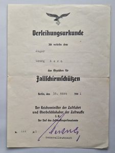 REDUCED Fallschirmjäger badge citation