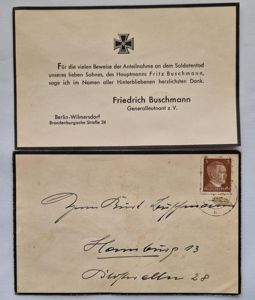 Funeral thank you card and envelope from Generalleutnant Buschmann DKiG …