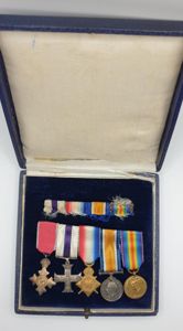 Cased WWI MBE, MC Gallantry 5 place miniature mounted group …