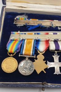 Cased WWI MBE, MC Gallantry 5 place miniature mounted group …