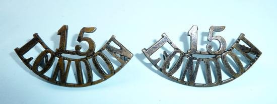 15 / London Regiment (Civil Service Rifles) Matched Pair of One Piece Blackened Brass Shoulder Titles — image 2