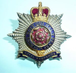 Royal Hampshire Regiment Officers Enamel Silver and Gilt Cap Badge, …